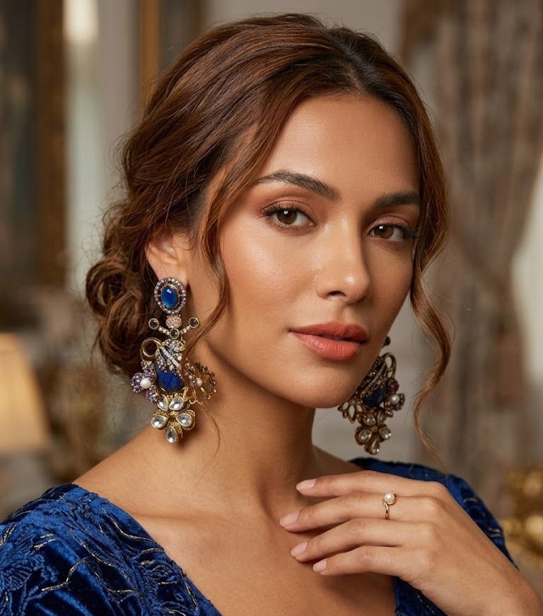 Royal Blue Turkish Statement Earrings - Vintage Gold Filigree & Lapis-Style Drop Earrings with Crystal Accents