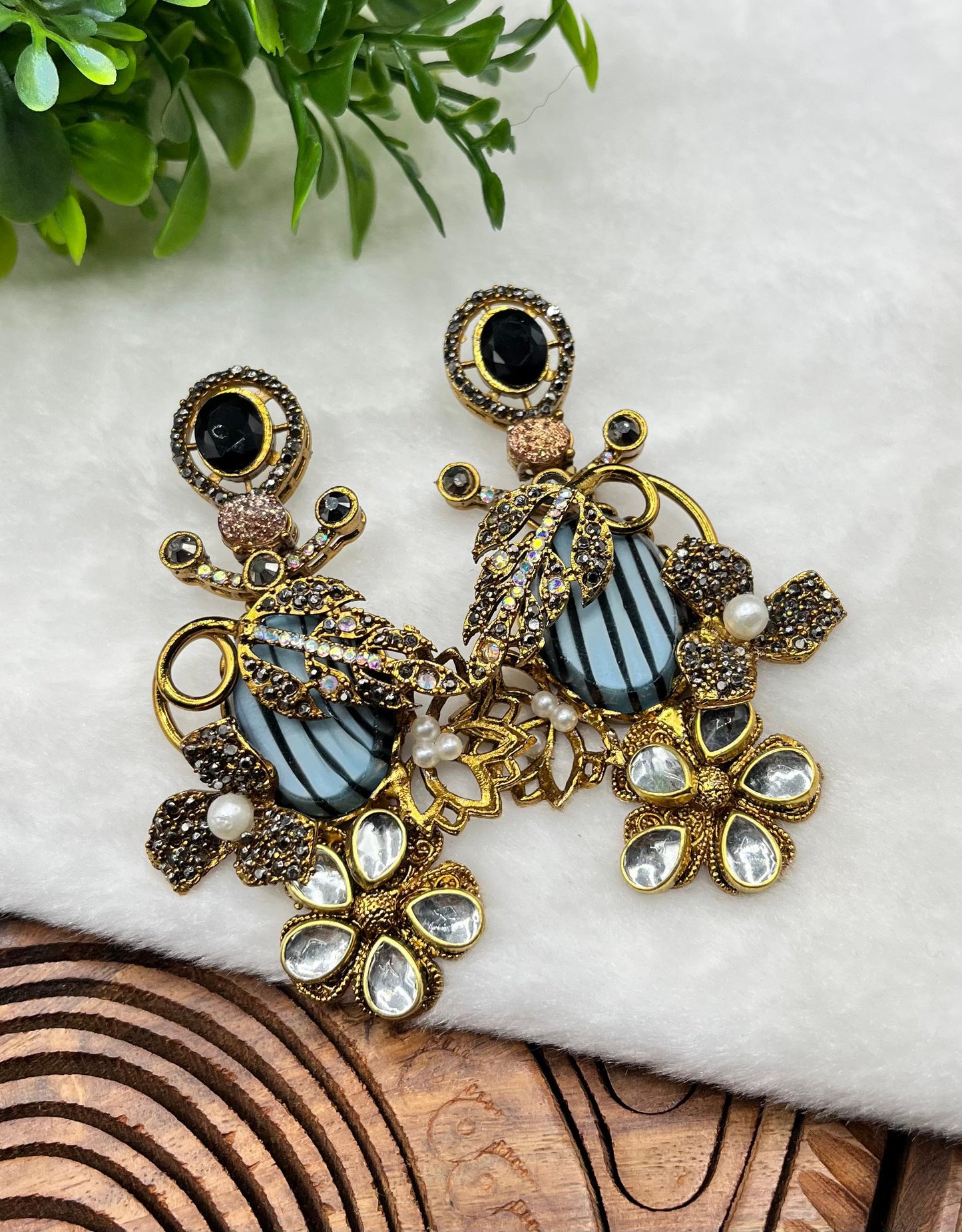 Royal Blue Turkish Statement Earrings - Vintage Gold Filigree & Lapis-Style Drop Earrings with Crystal Accents