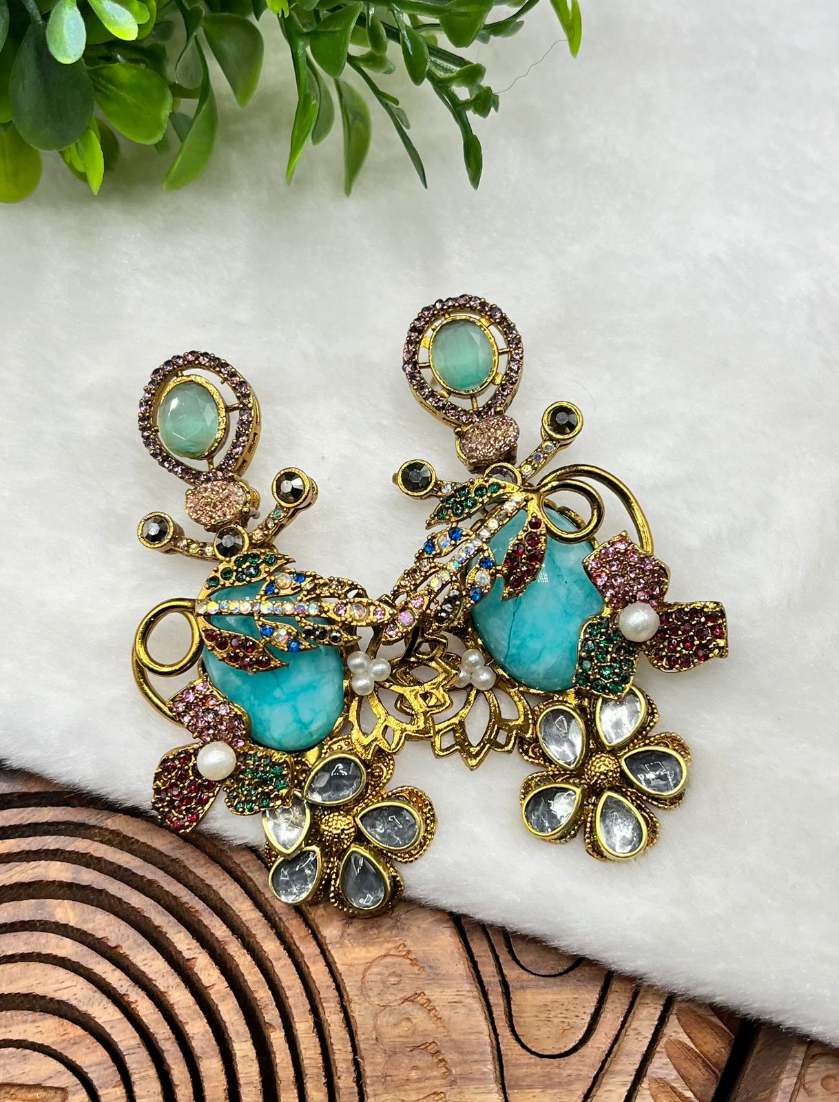 Royal Blue Turkish Statement Earrings - Vintage Gold Filigree & Lapis-Style Drop Earrings with Crystal Accents