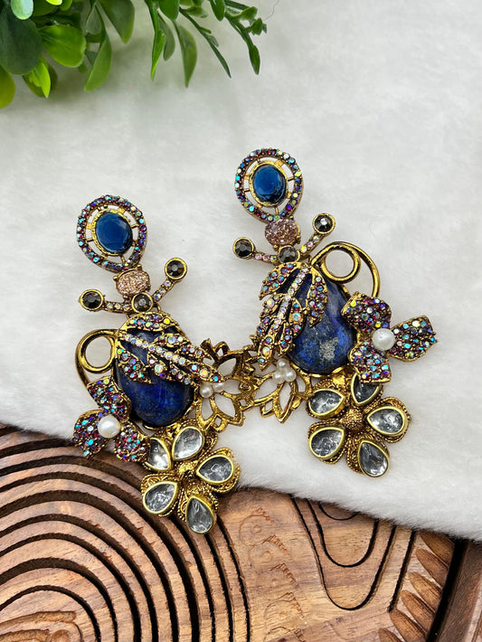 Royal Blue Turkish Statement Earrings - Vintage Gold Filigree & Lapis-Style Drop Earrings with Crystal Accents
