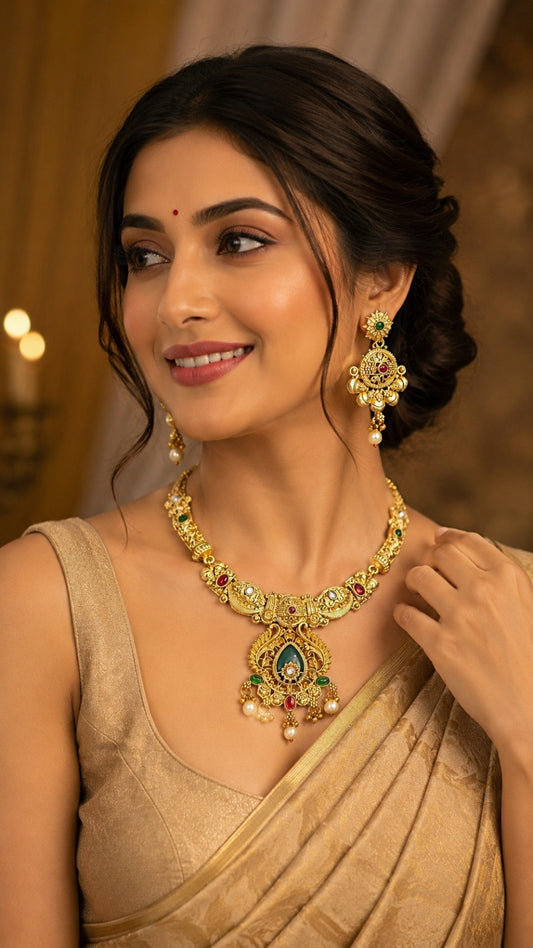 Designer Indian Traditional Bridal Gold Choker Set | Kashmiri Temple Jewelry Necklace with Pearls