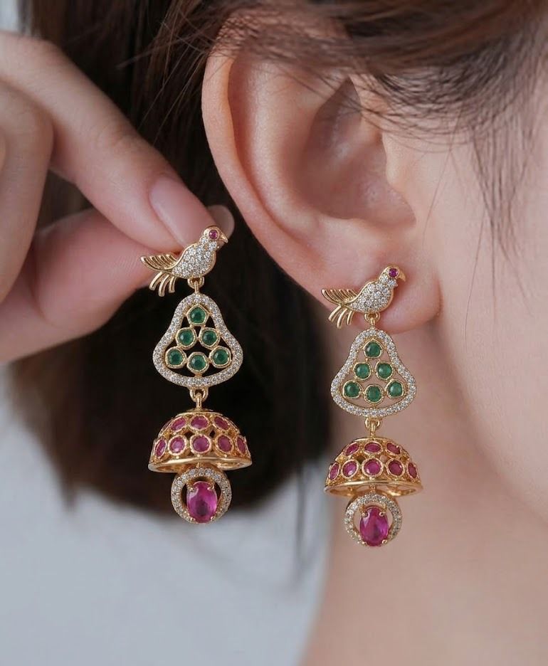 Whimsical Heritage: Fine CZ Diamond Bird Stud Jhumkas with Ruby and Emerald Accents