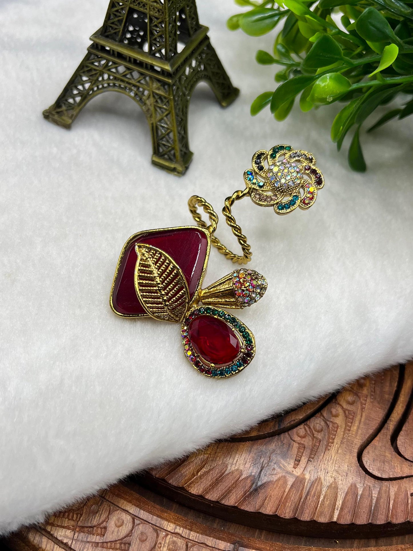 Designer Turkish Ring|Vintage Antique Gold Statement Spiral Ring with Ruby Red Stones & Crystals –