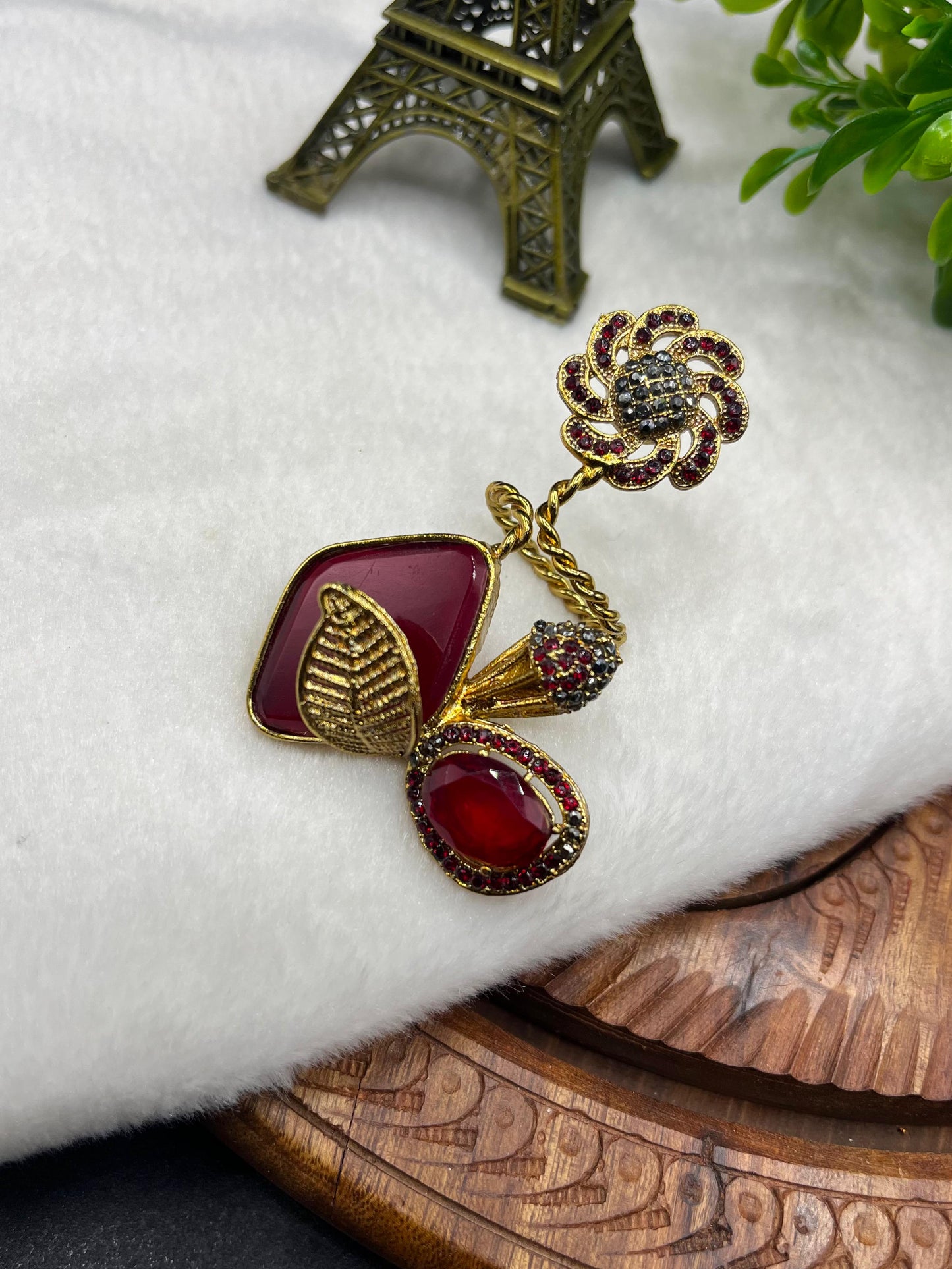 Designer Turkish Ring|Vintage Antique Gold Statement Spiral Ring with Ruby Red Stones & Crystals –