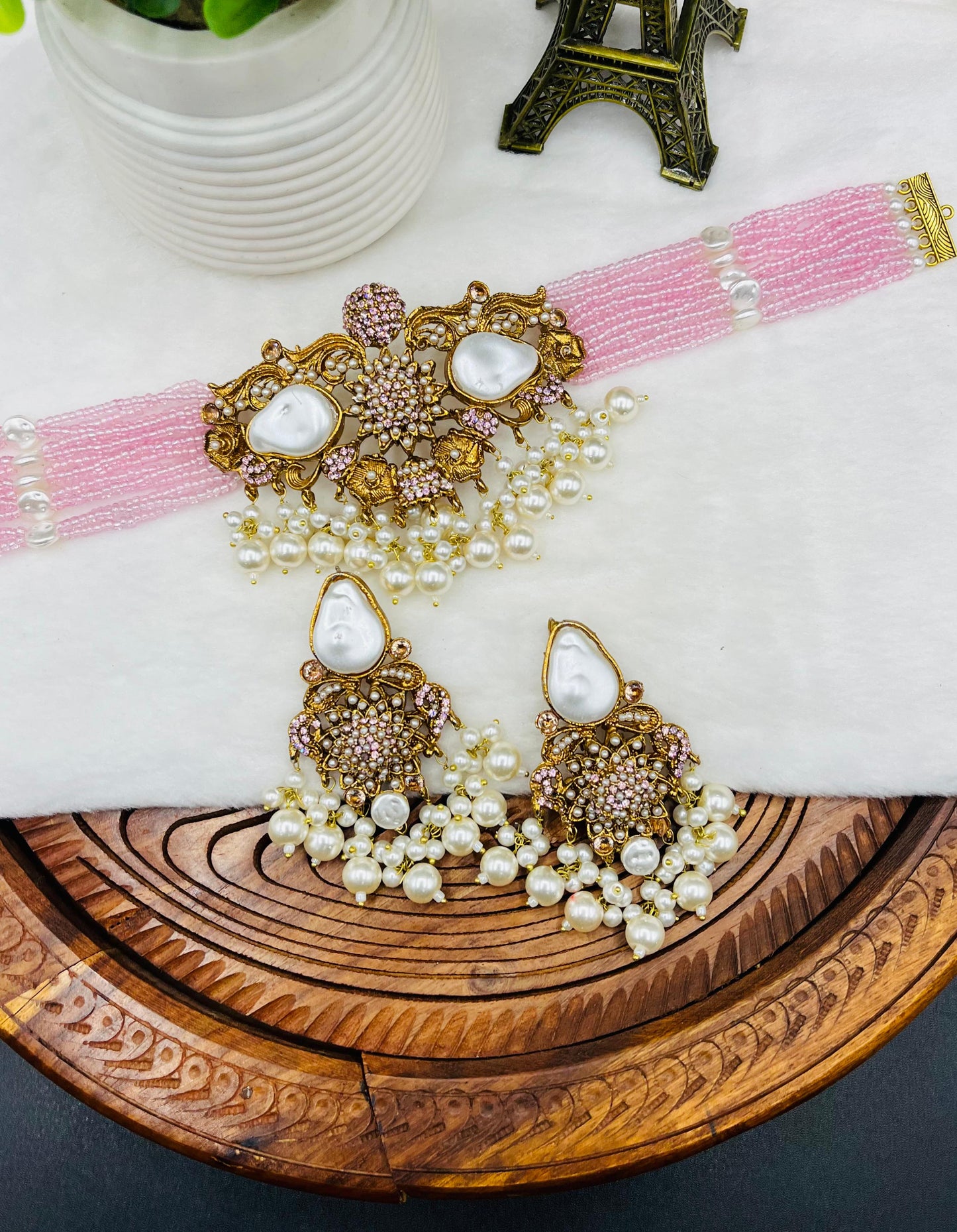 Bridal| Bead Choker Set| Baroque Pearls & Antique Gold – Available in 5 Colors