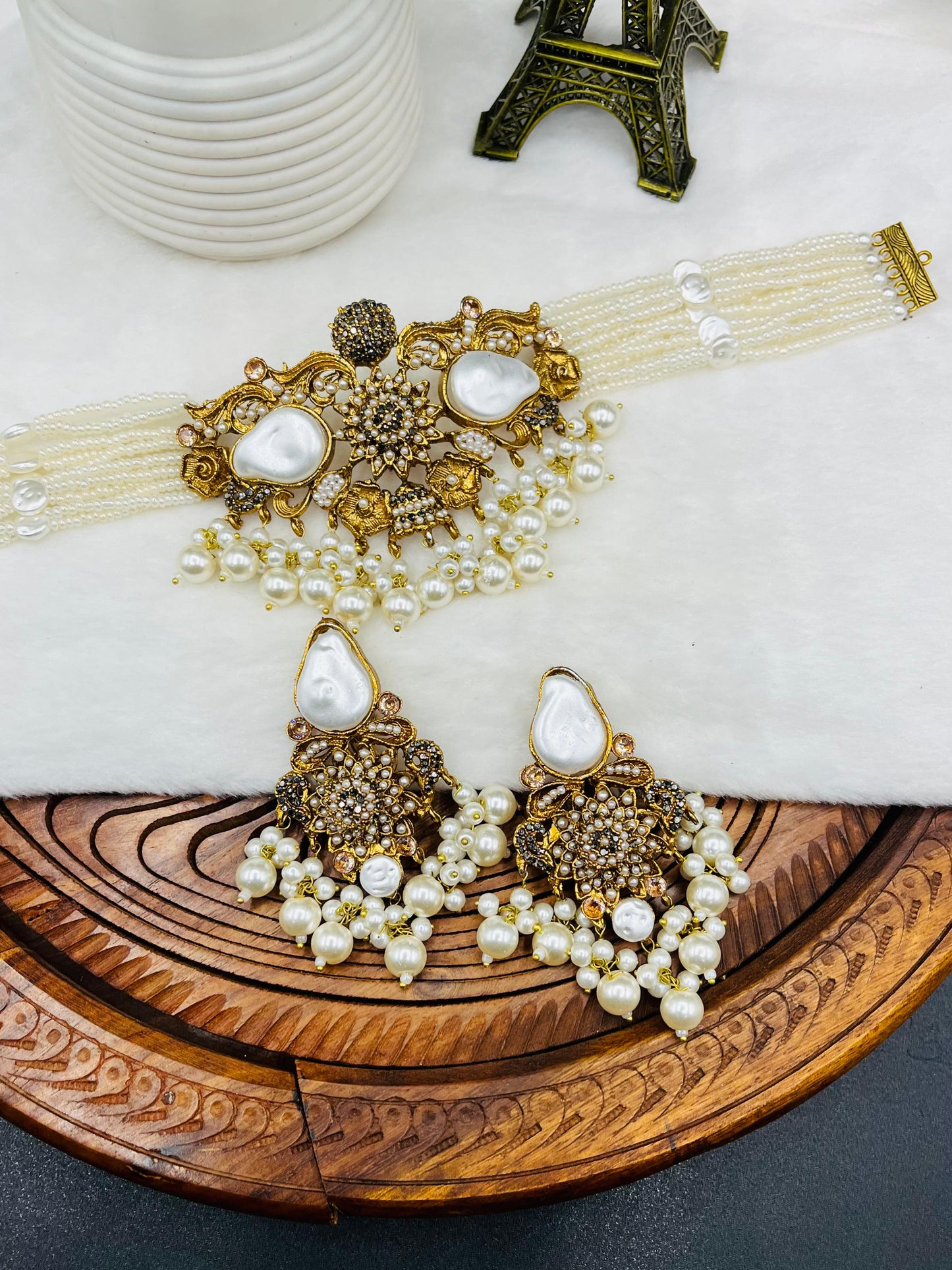 Bridal| Bead Choker Set| Baroque Pearls & Antique Gold – Available in 5 Colors