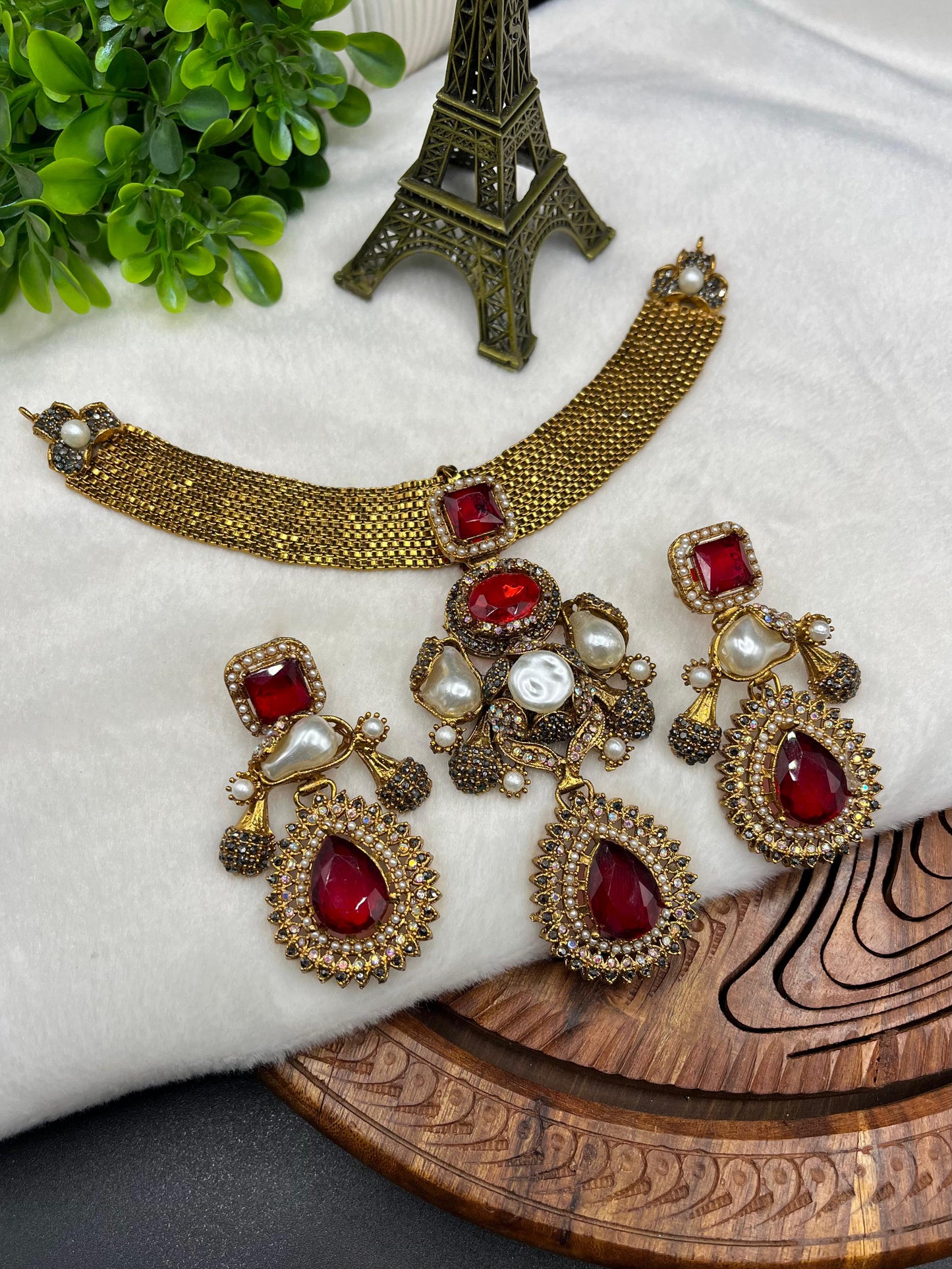 Designer Turkish| Gold-Plated Jewelry Set| Emerald Green Crystals & Pearls – Available in 5 Colors