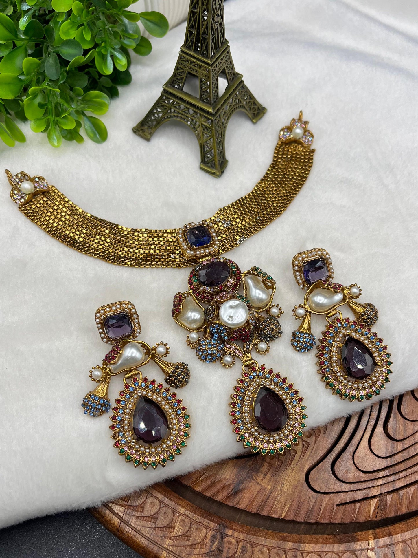 Designer Turkish| Gold-Plated Jewelry Set| Emerald Green Crystals & Pearls – Available in 5 Colors