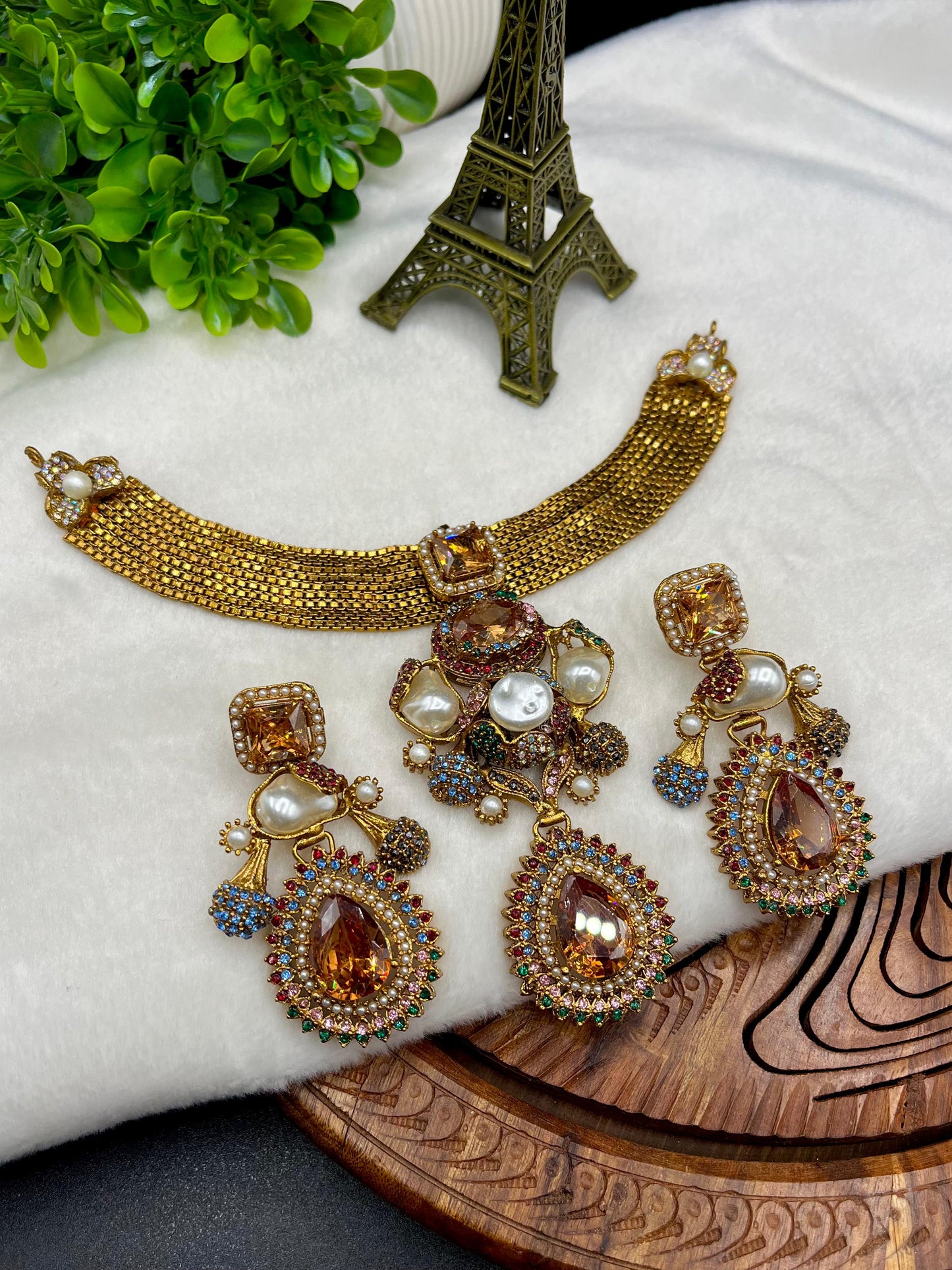 Designer Turkish| Gold-Plated Jewelry Set| Emerald Green Crystals & Pearls – Available in 5 Colors