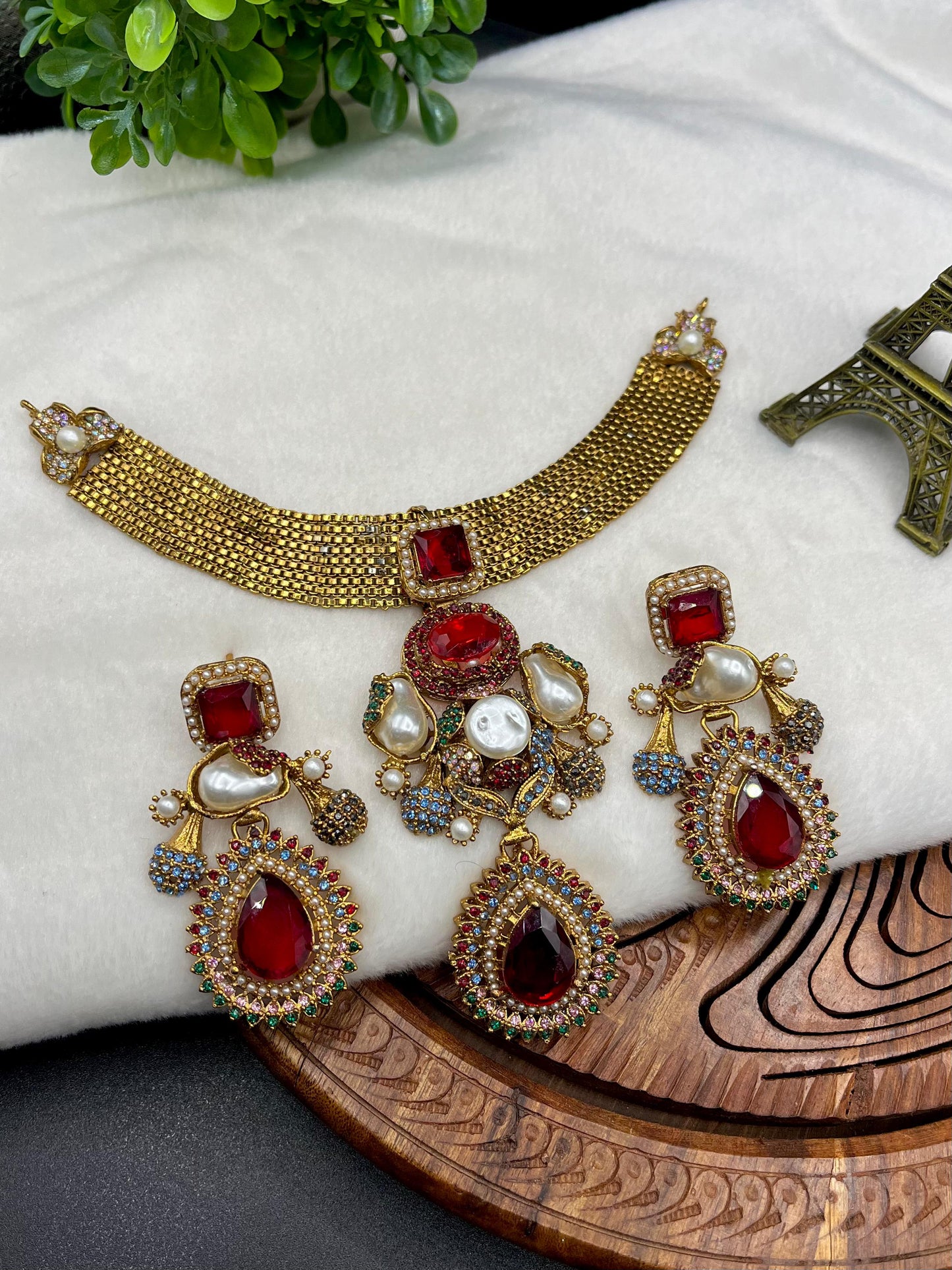 Designer Turkish| Gold-Plated Jewelry Set| Emerald Green Crystals & Pearls – Available in 5 Colors