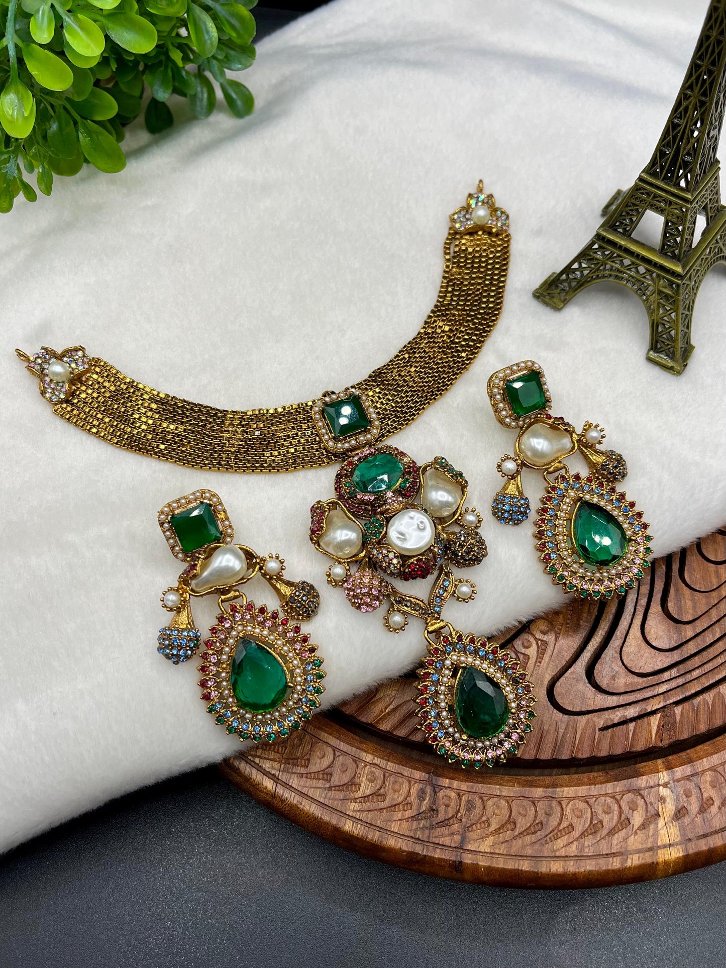 Designer Turkish| Gold-Plated Jewelry Set| Emerald Green Crystals & Pearls – Available in 5 Colors