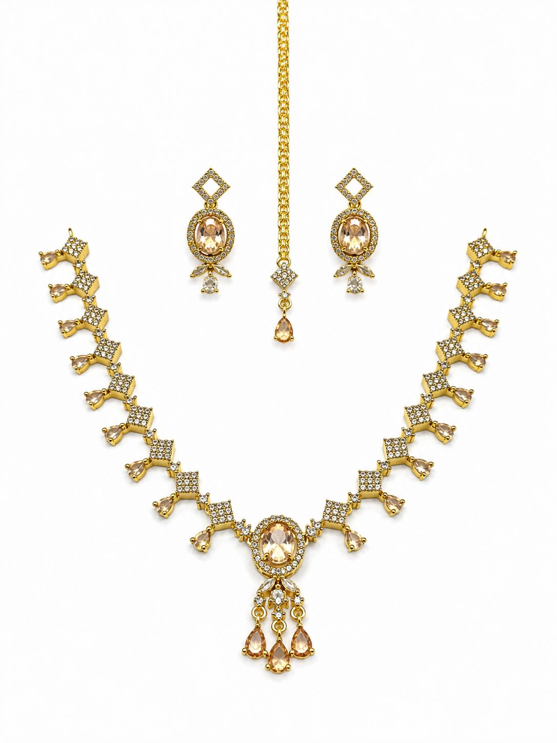 Ruby Red Bridal Necklace Set with Earrings & Maang Tikka | Gold-Plated Zircon Jewelry |