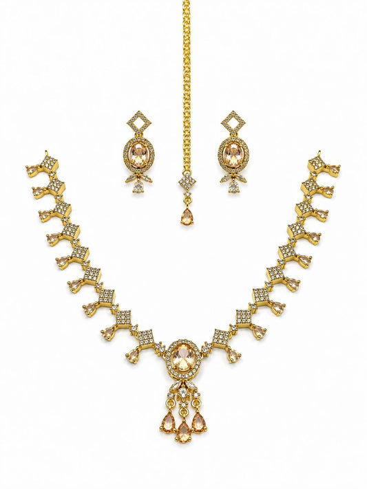 Ruby Red Bridal Necklace Set with Earrings & Maang Tikka | Gold-Plated Zircon Jewelry |