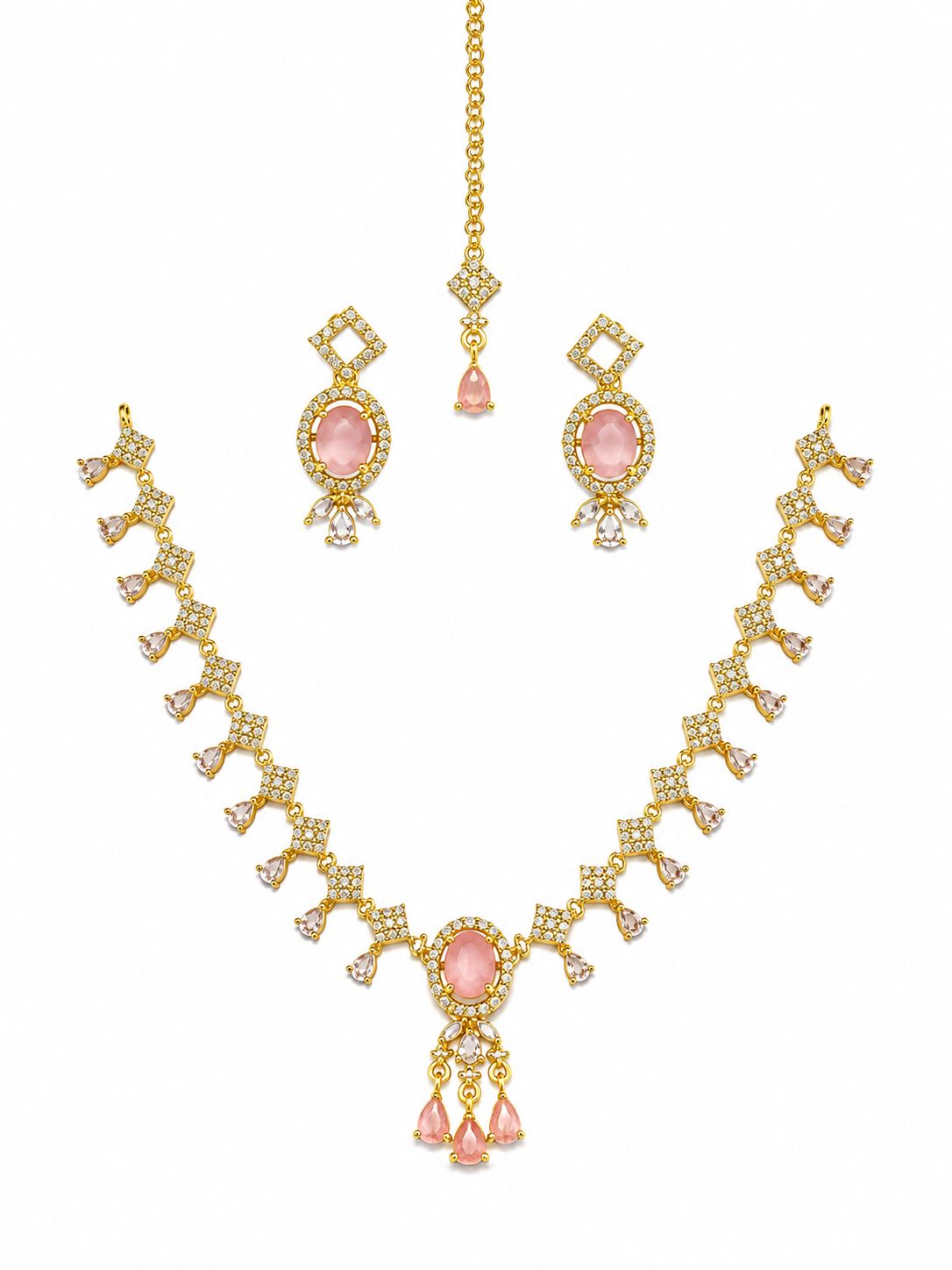 Ruby Red Bridal Necklace Set with Earrings & Maang Tikka | Gold-Plated Zircon Jewelry |