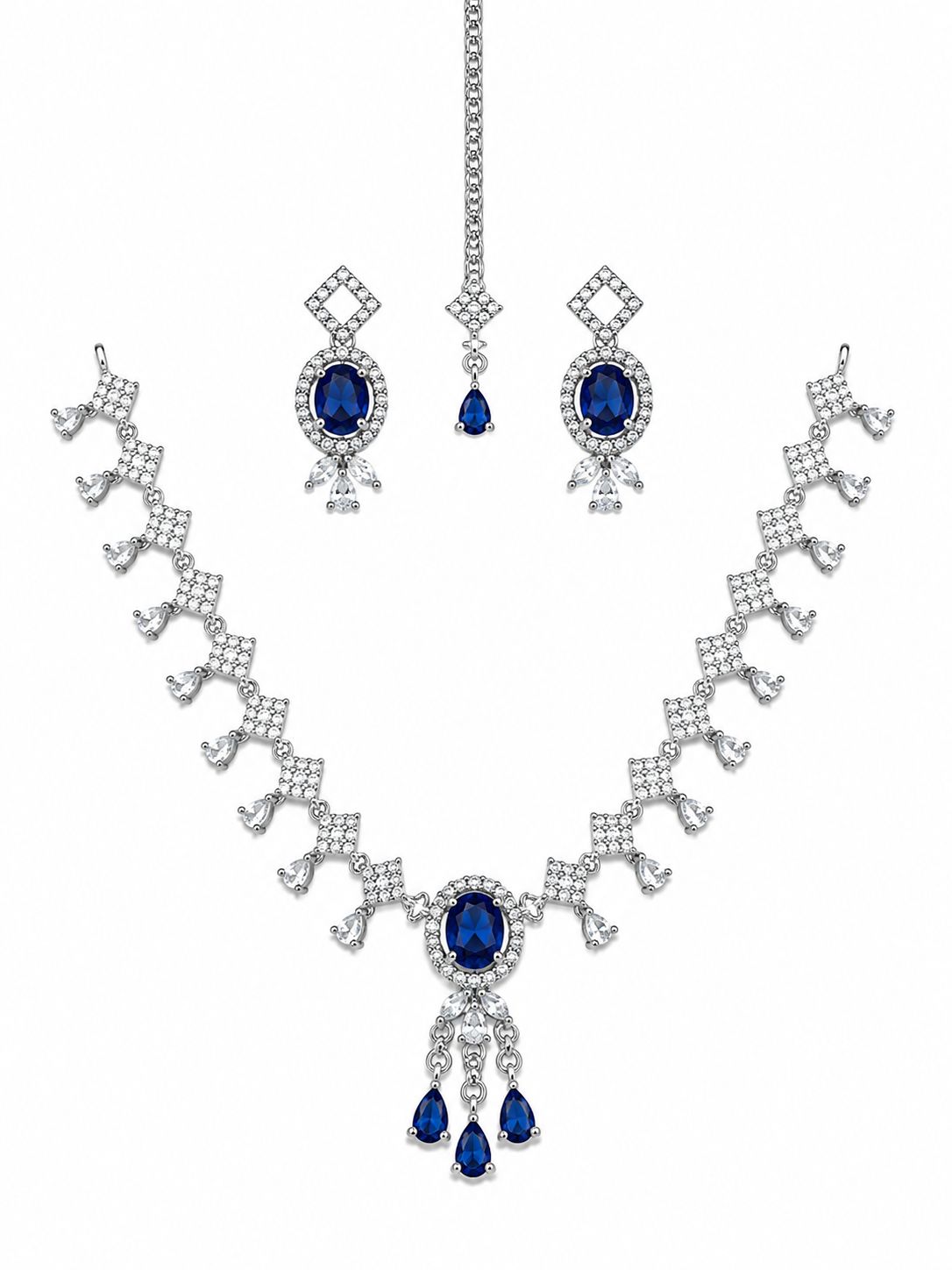 Blue Sapphire Bridal Necklace Set with Earrings & Maang Tikka | Silver-Plated Zircon Jewelry |