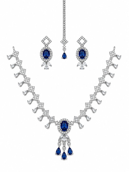 Blue Sapphire Bridal Necklace Set with Earrings & Maang Tikka | Silver-Plated Zircon Jewelry |