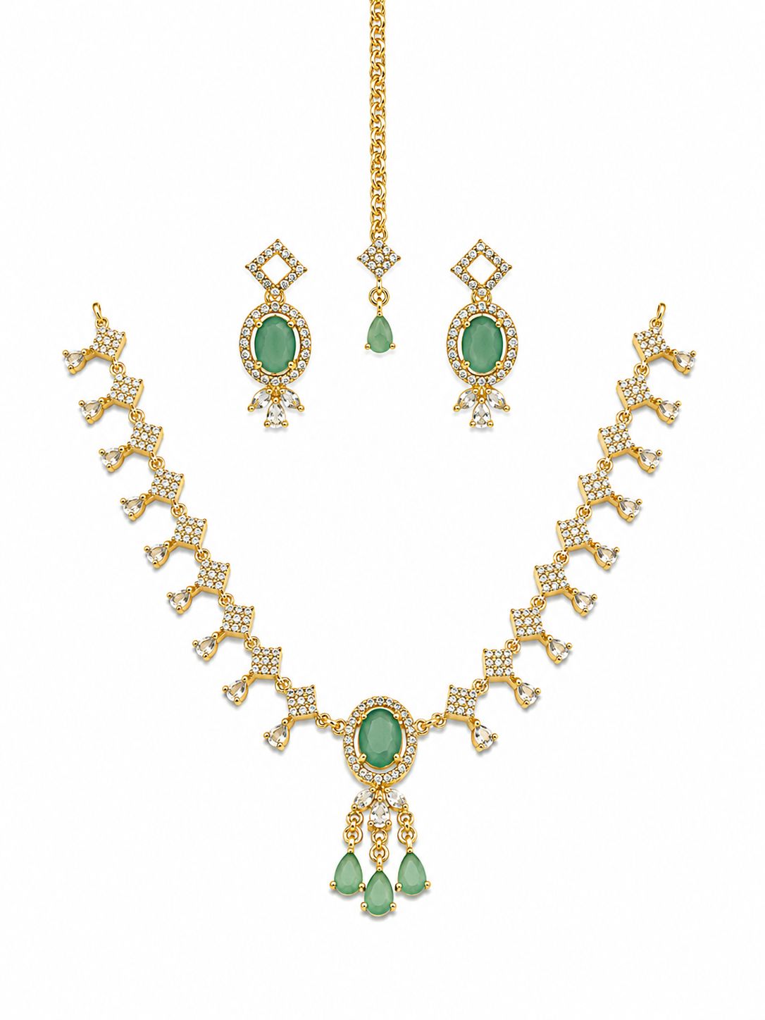 Ruby Red Bridal Necklace Set with Earrings & Maang Tikka | Gold-Plated Zircon Jewelry |