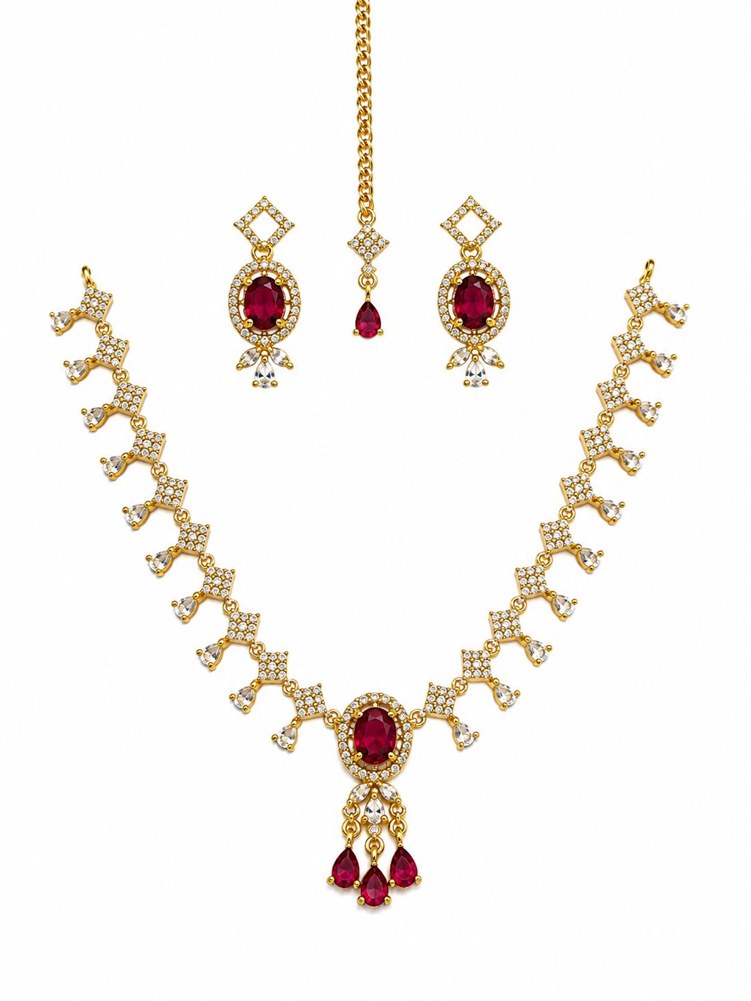 Ruby Red Bridal Necklace Set with Earrings & Maang Tikka | Gold-Plated Zircon Jewelry |