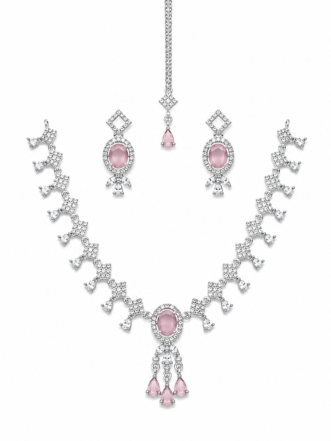 Blue Sapphire Bridal Necklace Set with Earrings & Maang Tikka | Silver-Plated Zircon Jewelry |