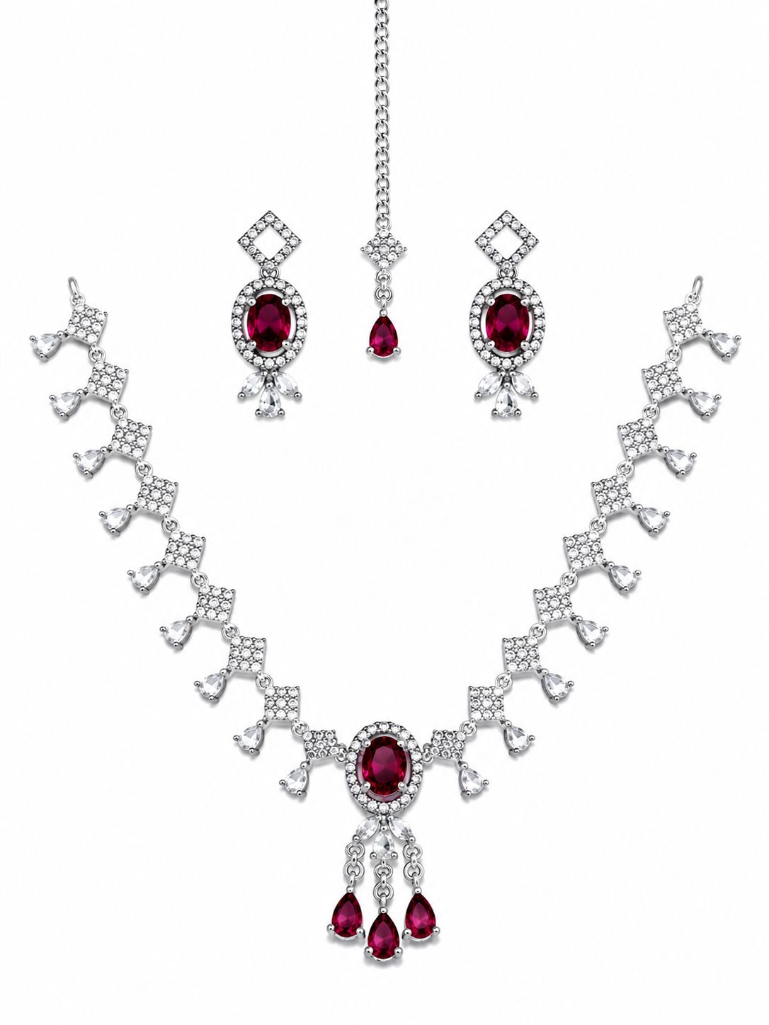 Blue Sapphire Bridal Necklace Set with Earrings & Maang Tikka | Silver-Plated Zircon Jewelry |