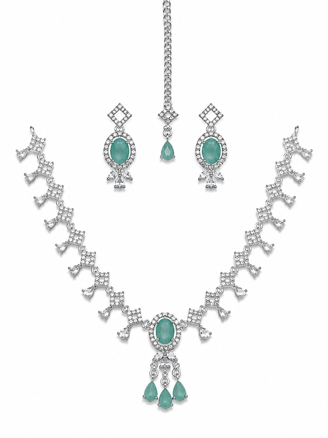 Blue Sapphire Bridal Necklace Set with Earrings & Maang Tikka | Silver-Plated Zircon Jewelry |