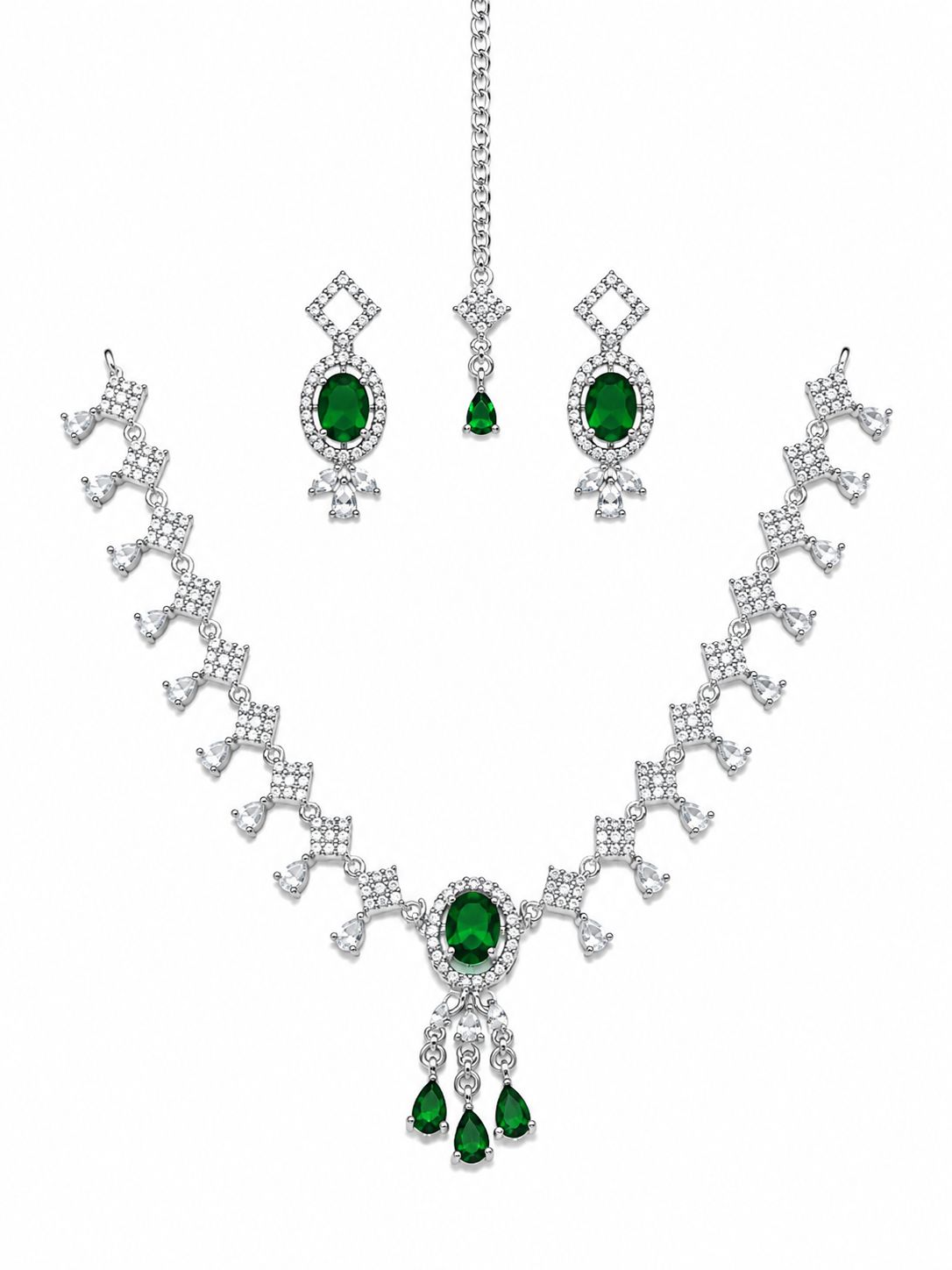 Blue Sapphire Bridal Necklace Set with Earrings & Maang Tikka | Silver-Plated Zircon Jewelry |