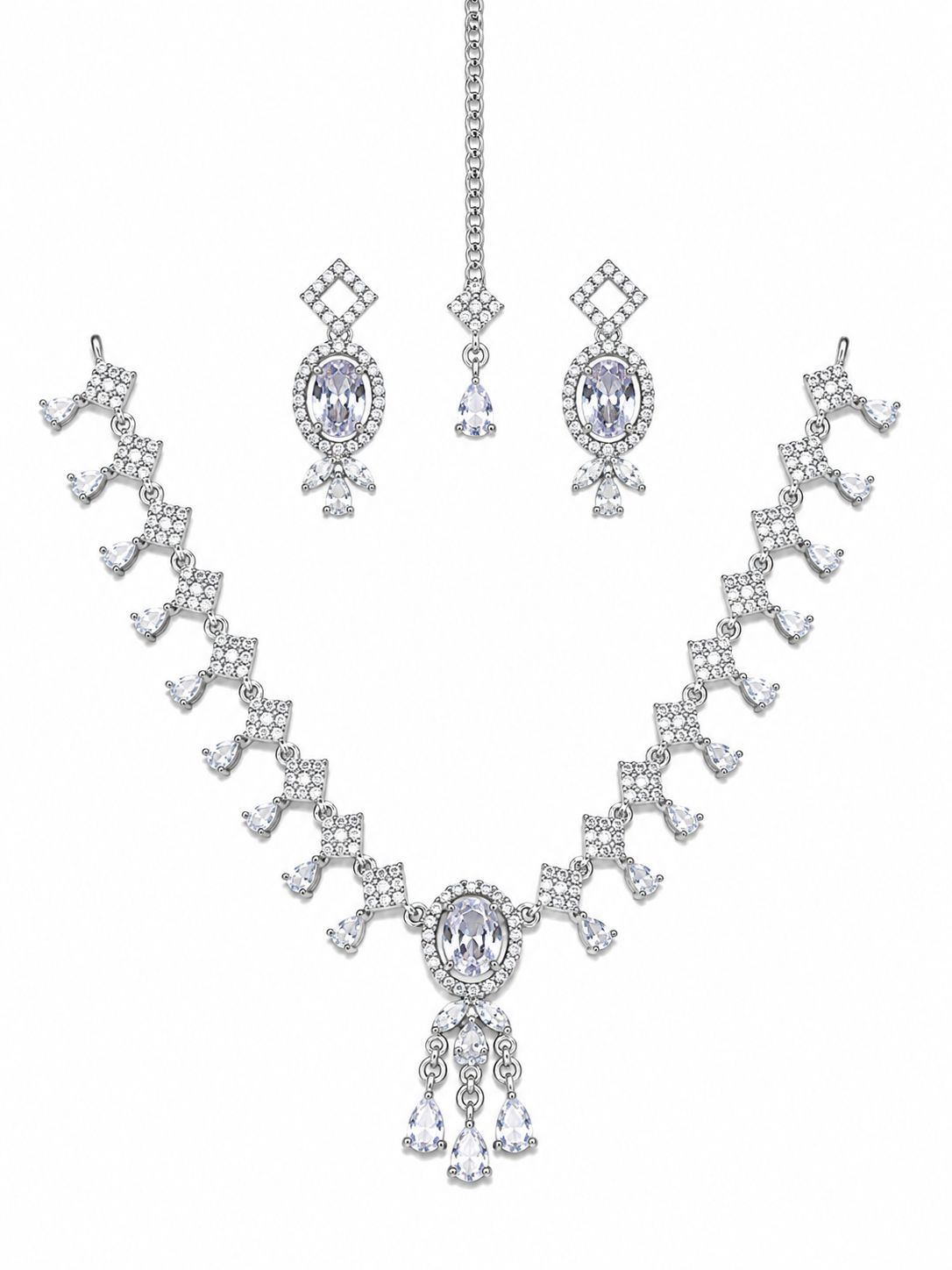Blue Sapphire Bridal Necklace Set with Earrings & Maang Tikka | Silver-Plated Zircon Jewelry |