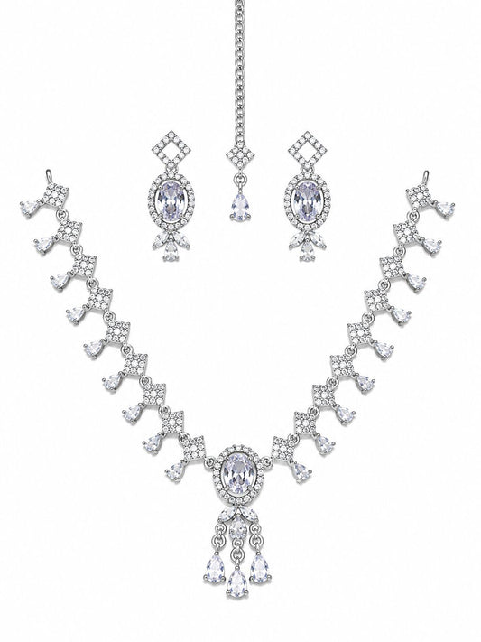Blue Sapphire Bridal Necklace Set with Earrings & Maang Tikka | Silver-Plated Zircon Jewelry |