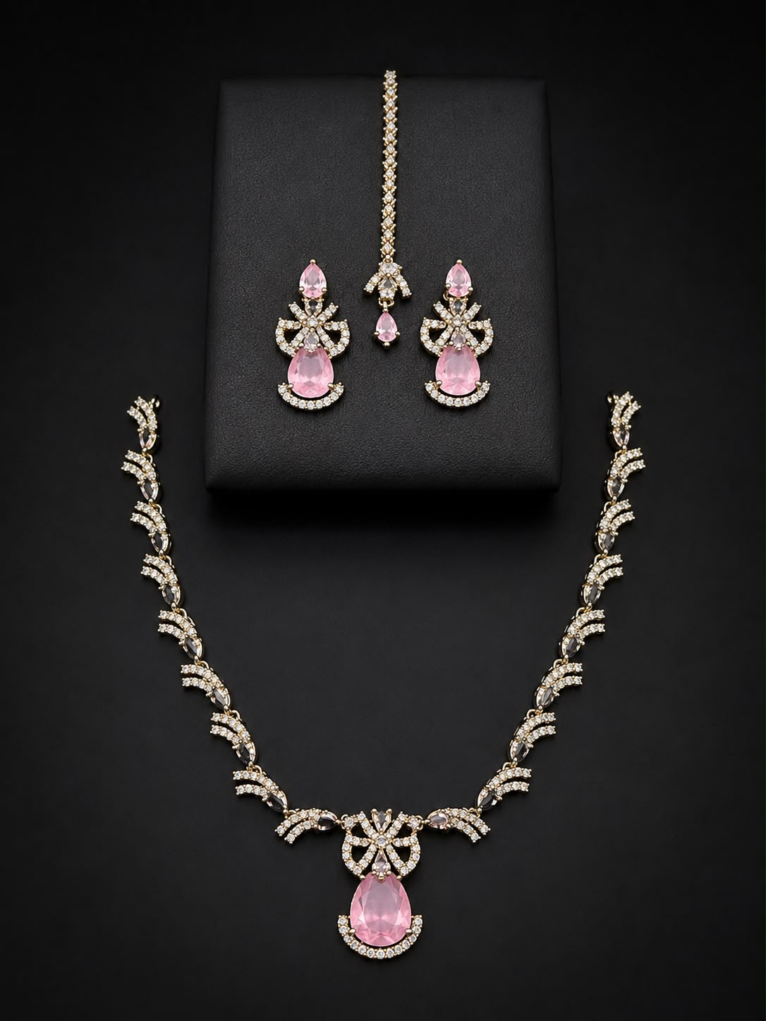 Ruby Red Bridal Necklace Set with Earrings & Maang Tikka | Silver-Plated Zircon Jewelry |