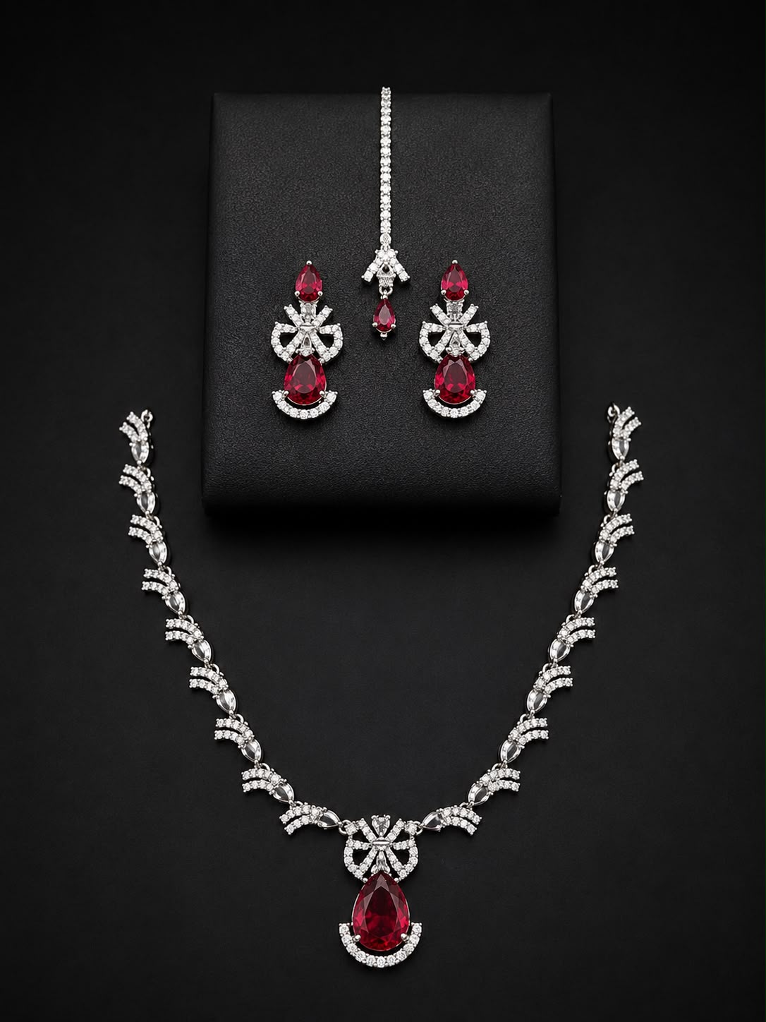 Ruby Red Bridal Necklace Set with Earrings & Maang Tikka | Silver-Plated Zircon Jewelry |
