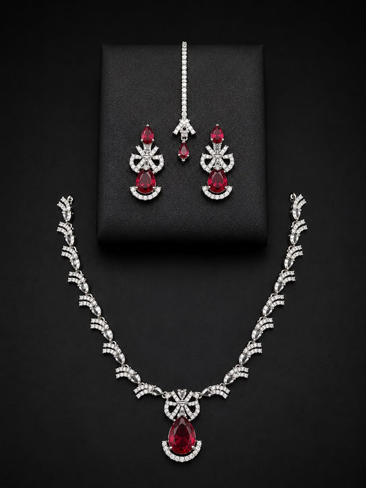 Ruby Red Bridal Necklace Set with Earrings & Maang Tikka | Silver-Plated Zircon Jewelry |