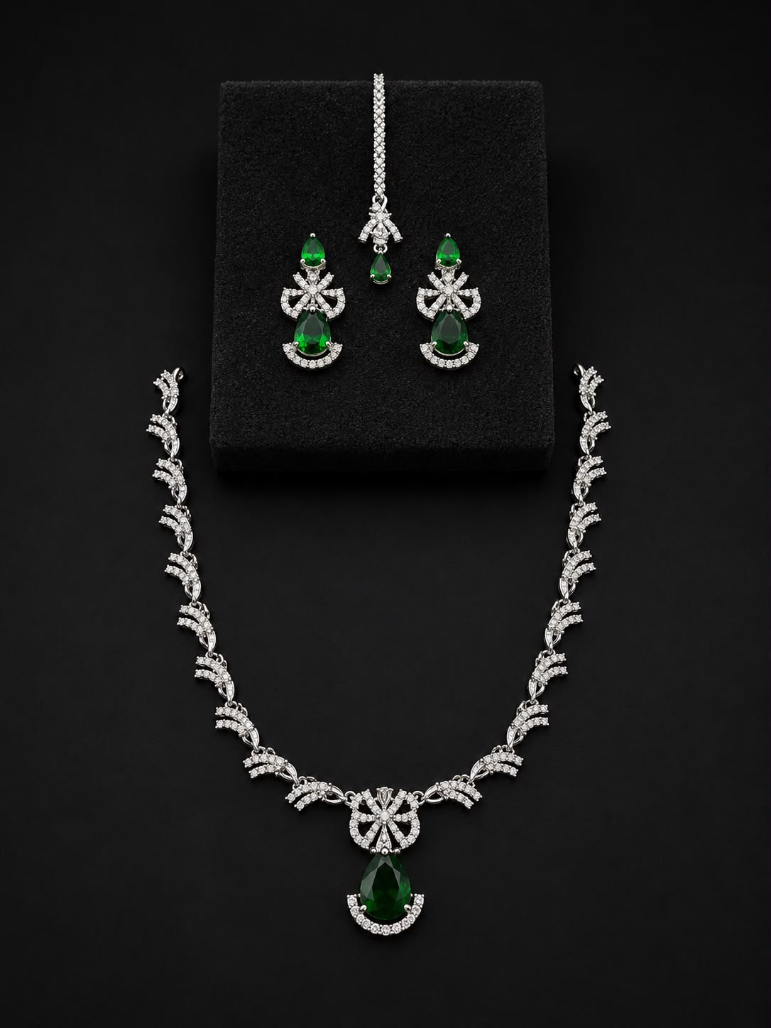 Ruby Red Bridal Necklace Set with Earrings & Maang Tikka | Silver-Plated Zircon Jewelry |