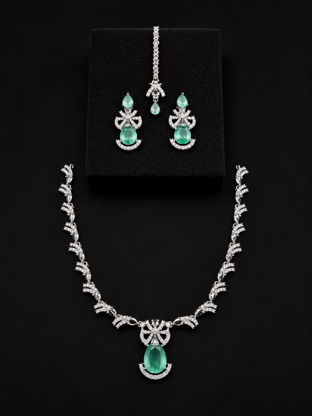 Ruby Red Bridal Necklace Set with Earrings & Maang Tikka | Silver-Plated Zircon Jewelry |