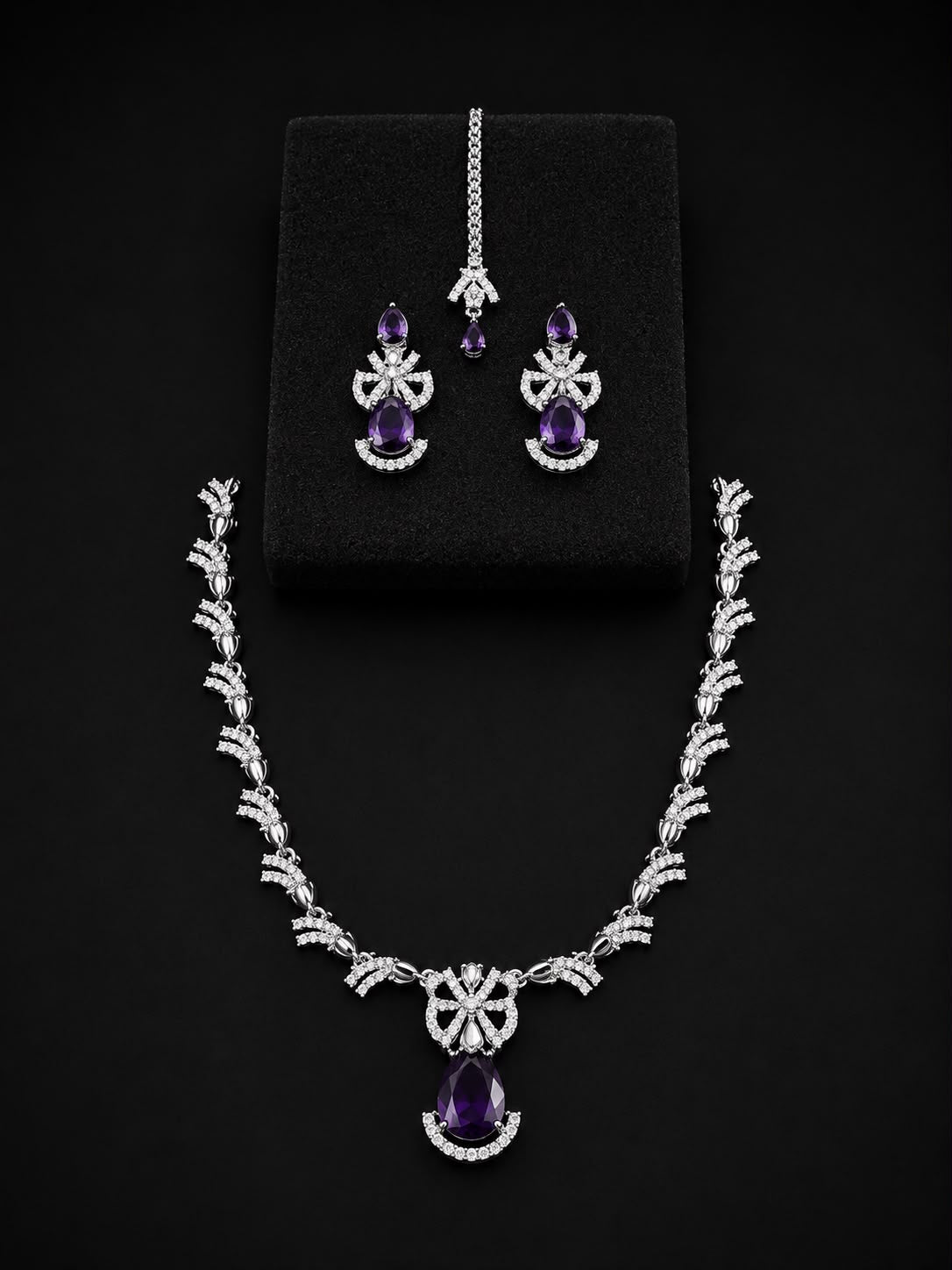 Ruby Red Bridal Necklace Set with Earrings & Maang Tikka | Silver-Plated Zircon Jewelry |