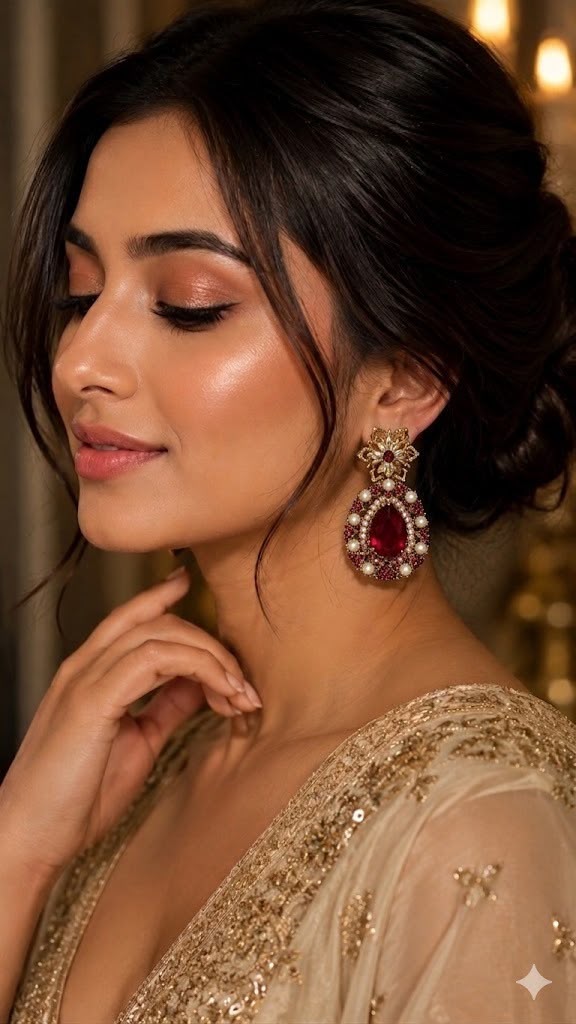 Ruby Red Pearl Drop Earrings for Women | Gold-Plated Statement Earrings |