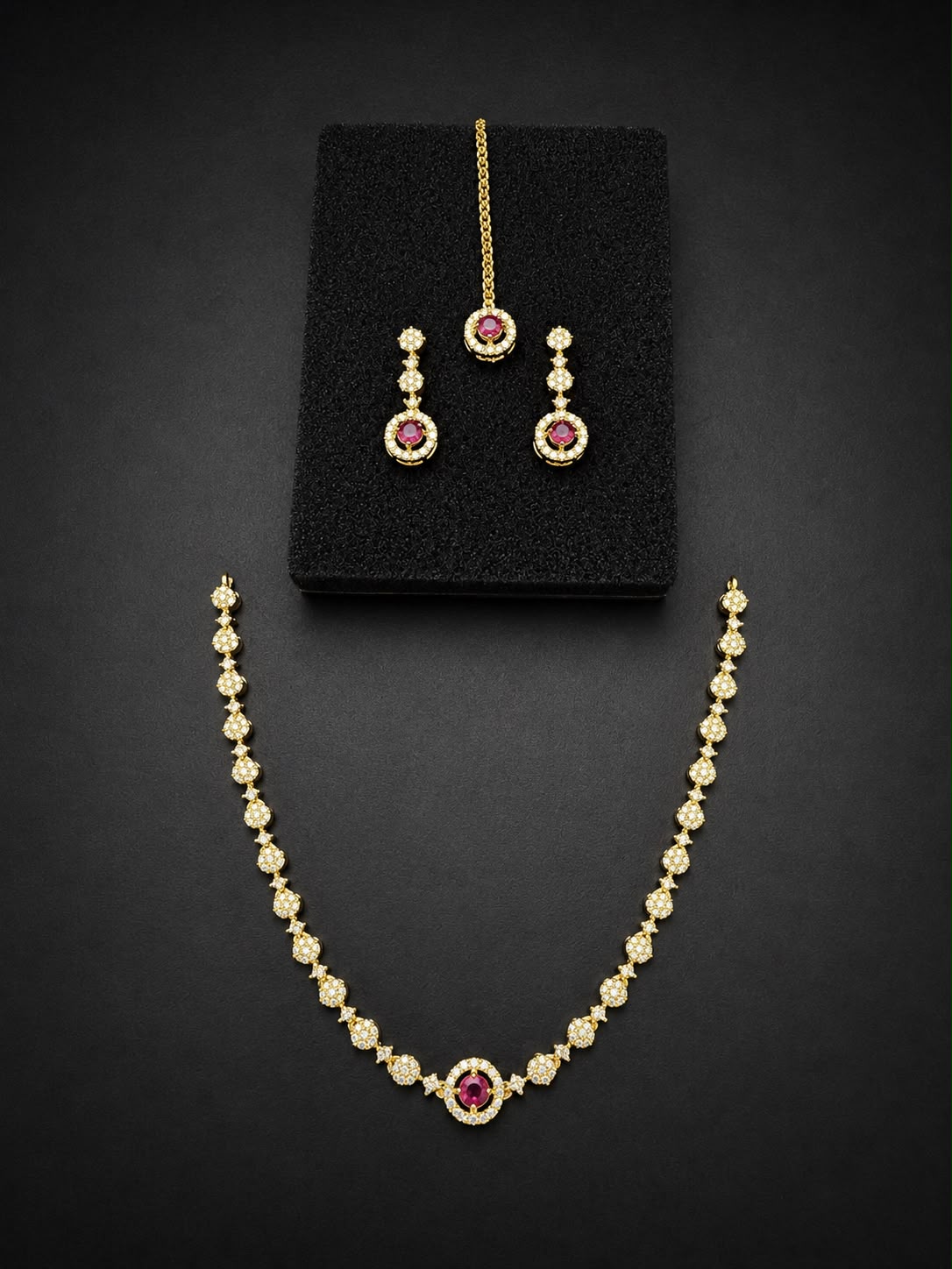 Emerald Green Necklace Set with Earrings & Maang Tikka | Silver-Plated Zircon Jewelry |