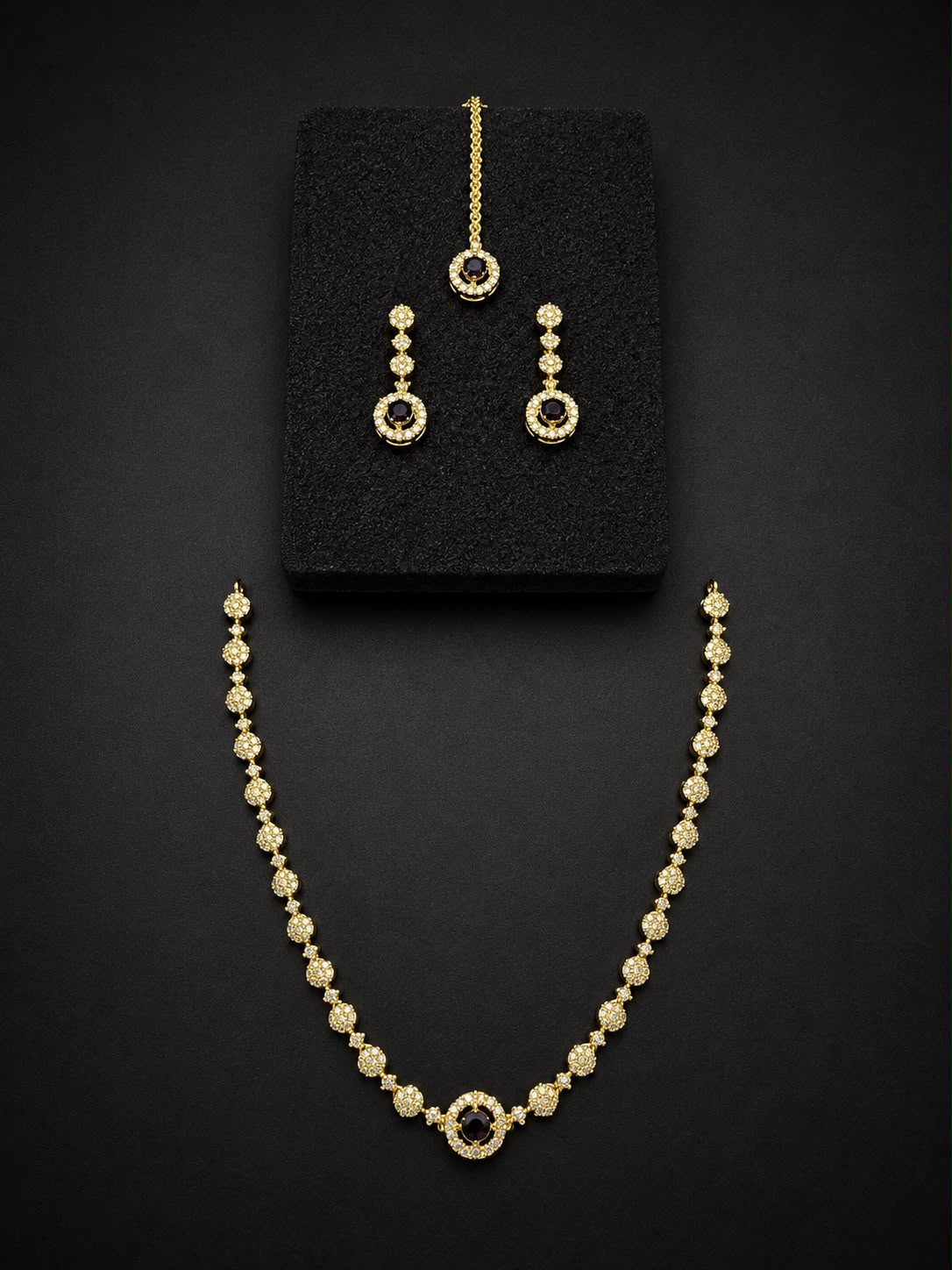 Emerald Green Necklace Set with Earrings & Maang Tikka | Silver-Plated Zircon Jewelry |