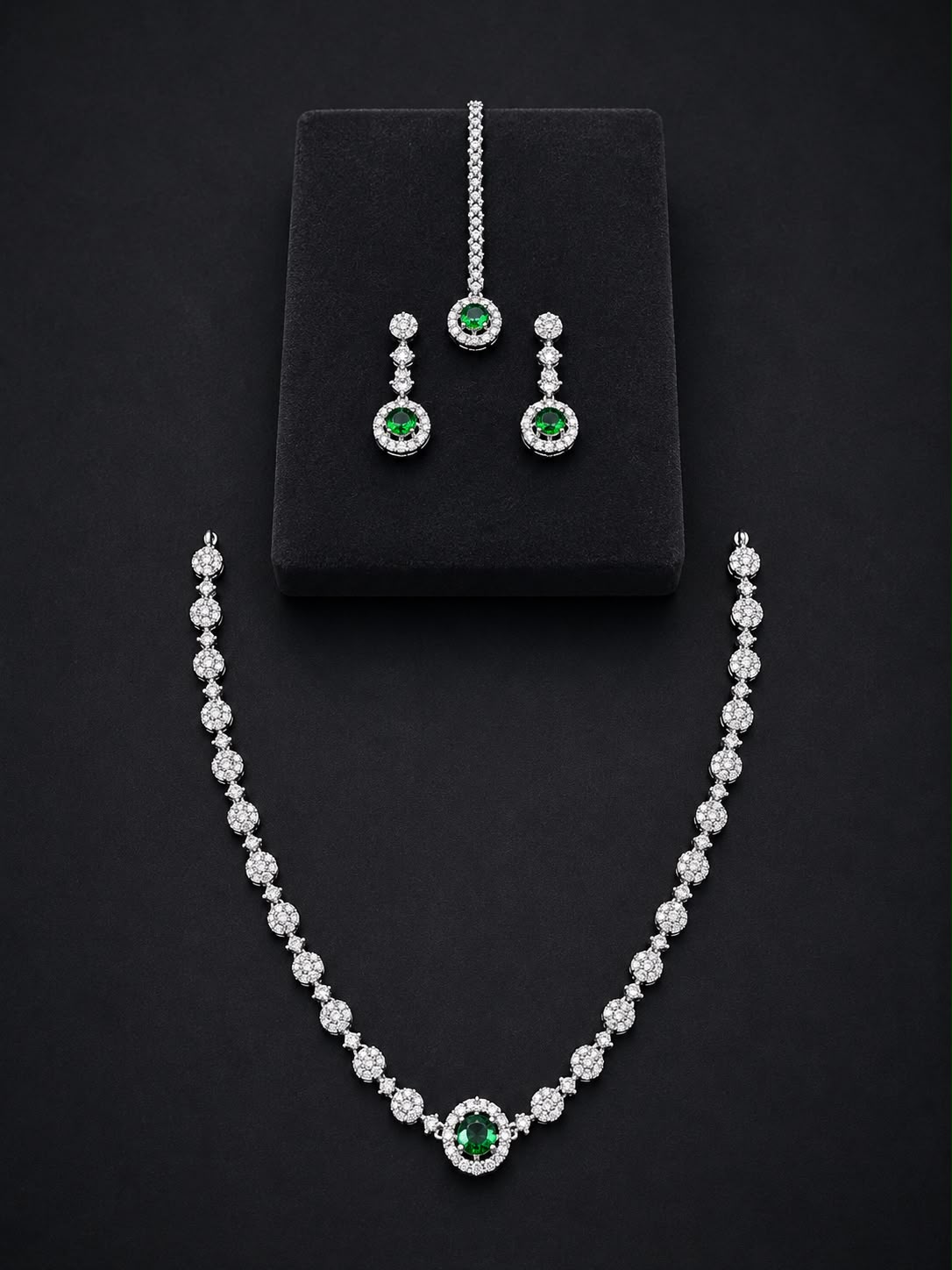 Emerald Green Necklace Set with Earrings & Maang Tikka | Silver-Plated Zircon Jewelry |