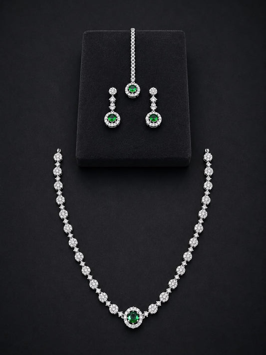 Emerald Green Necklace Set with Earrings & Maang Tikka | Silver-Plated Zircon Jewelry |