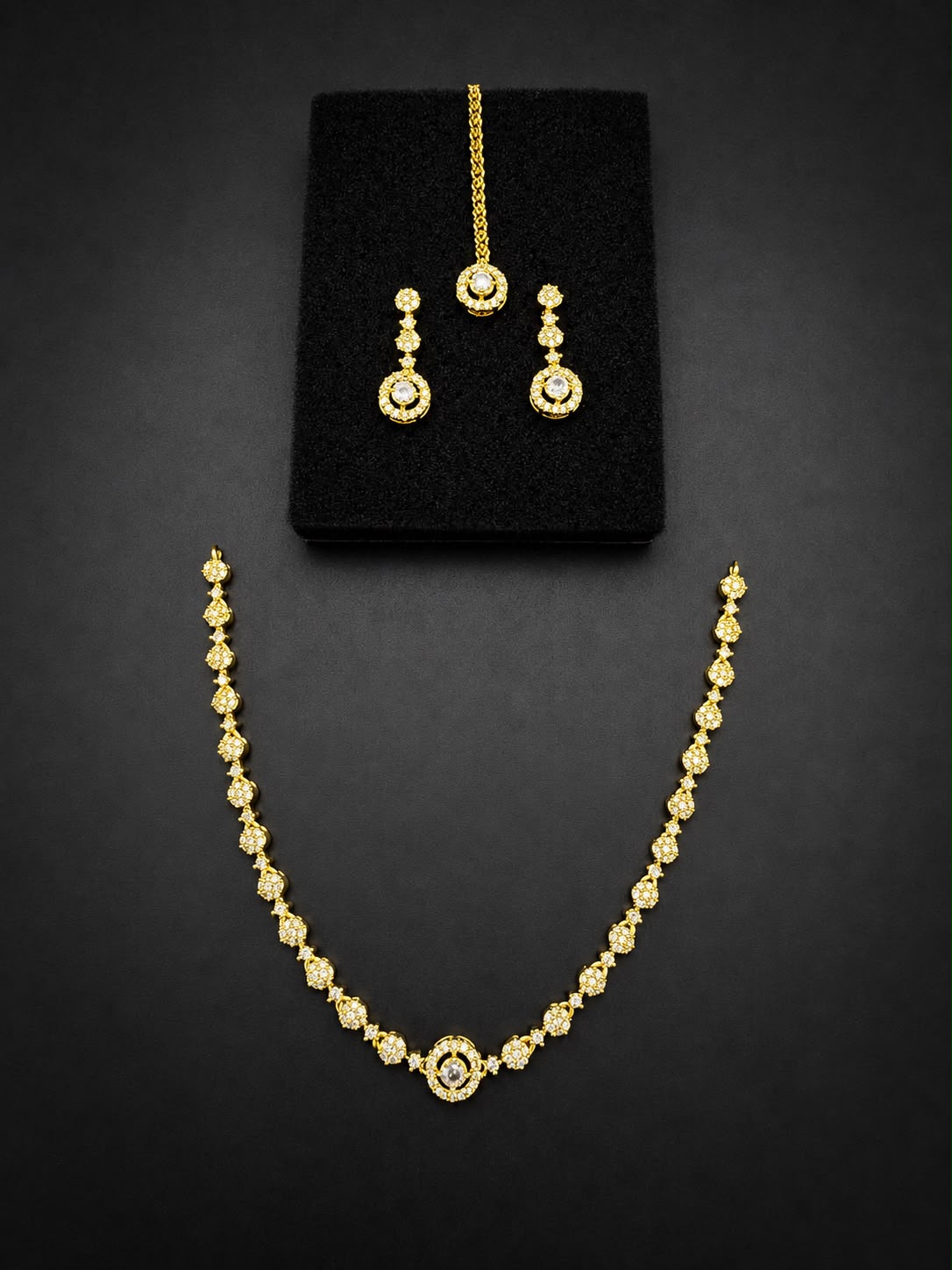 Emerald Green Necklace Set with Earrings & Maang Tikka | Silver-Plated Zircon Jewelry |
