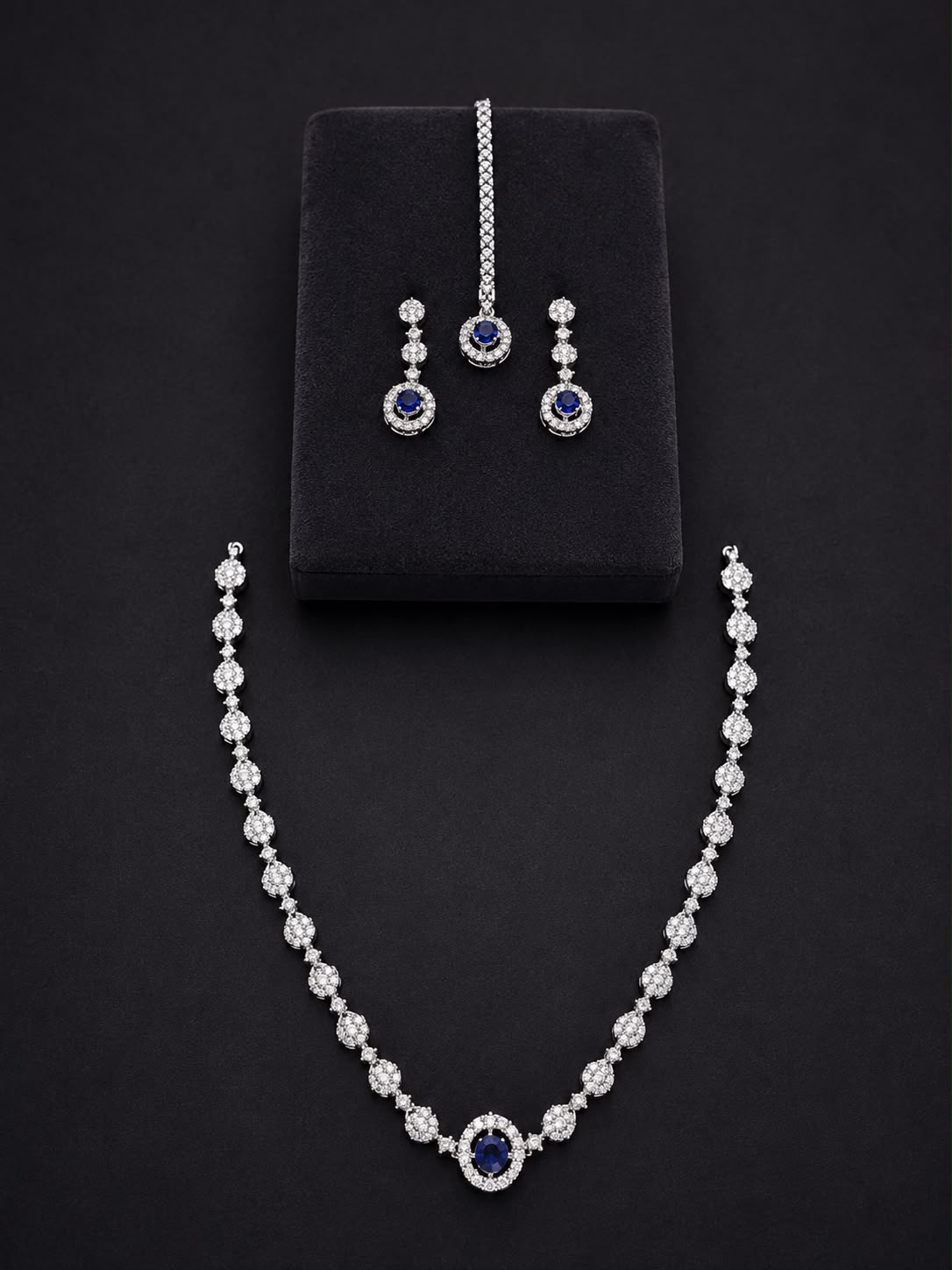 Emerald Green Necklace Set with Earrings & Maang Tikka | Silver-Plated Zircon Jewelry |