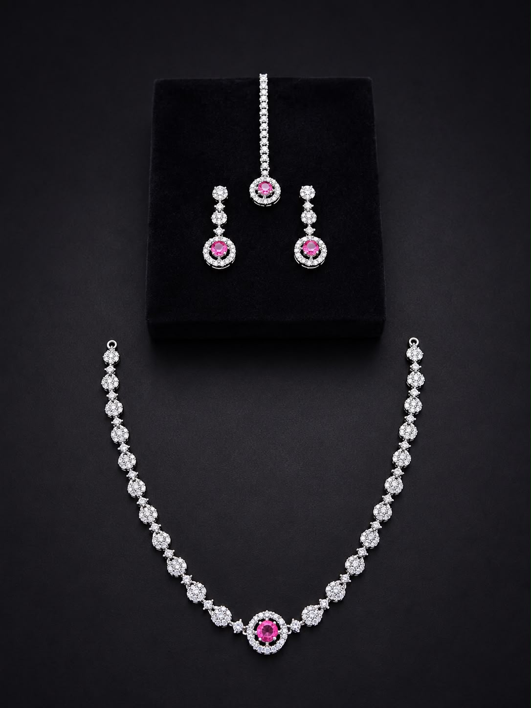 Emerald Green Necklace Set with Earrings & Maang Tikka | Silver-Plated Zircon Jewelry |