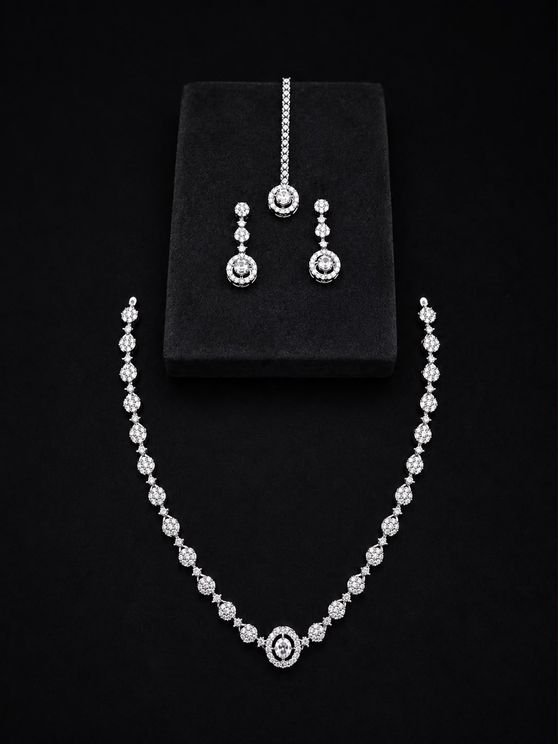 Emerald Green Necklace Set with Earrings & Maang Tikka | Silver-Plated Zircon Jewelry |