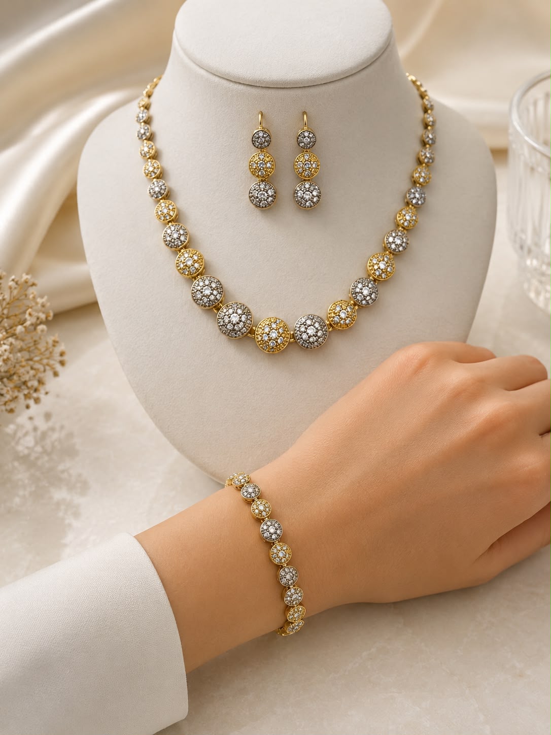 Luxury Gold-Plated Zircon Jewelry Set with Necklace, Bracelet & Earrings | Premium Women's Party & Wedding Jewelry | Gift Set |