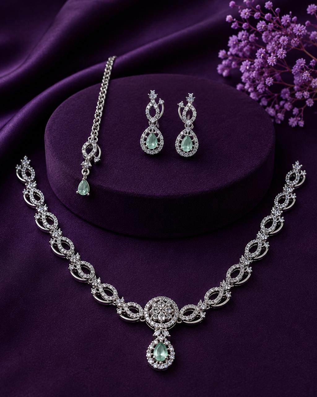 Emerald Green Bridal Necklace Set with Earrings & Maang Tikka | Silver-Plated Zircon Jewelry | Wedding & Party Wear |