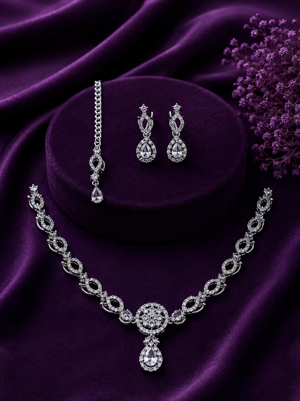Emerald Green Bridal Necklace Set with Earrings & Maang Tikka | Silver-Plated Zircon Jewelry | Wedding & Party Wear |