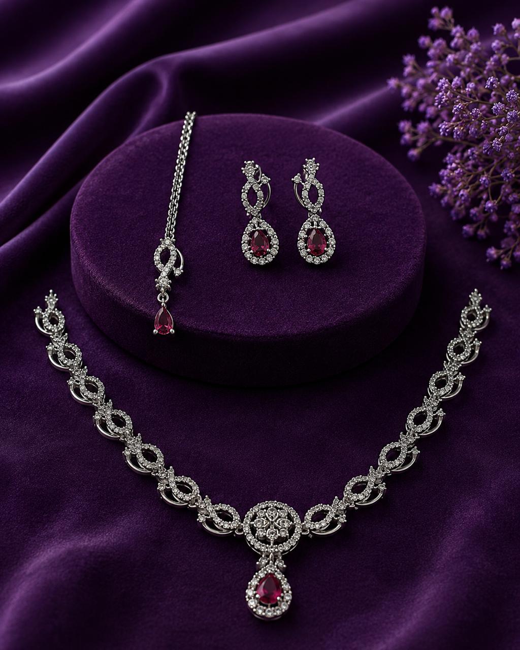 Emerald Green Bridal Necklace Set with Earrings & Maang Tikka | Silver-Plated Zircon Jewelry | Wedding & Party Wear |