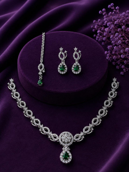 Emerald Green Bridal Necklace Set with Earrings & Maang Tikka | Silver-Plated Zircon Jewelry | Wedding & Party Wear |