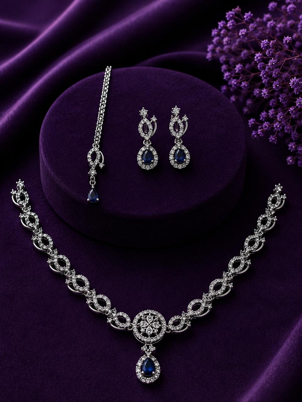 Emerald Green Bridal Necklace Set with Earrings & Maang Tikka | Silver-Plated Zircon Jewelry | Wedding & Party Wear |