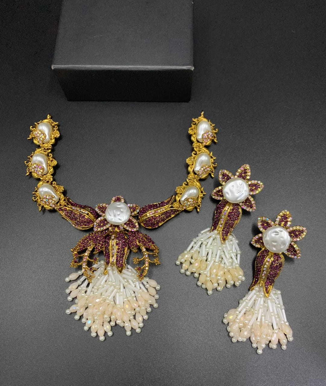 Luxury Turkish Pearl Statement Necklace Set with Earrings | Gold Plated Floral Bridal Jewelry
